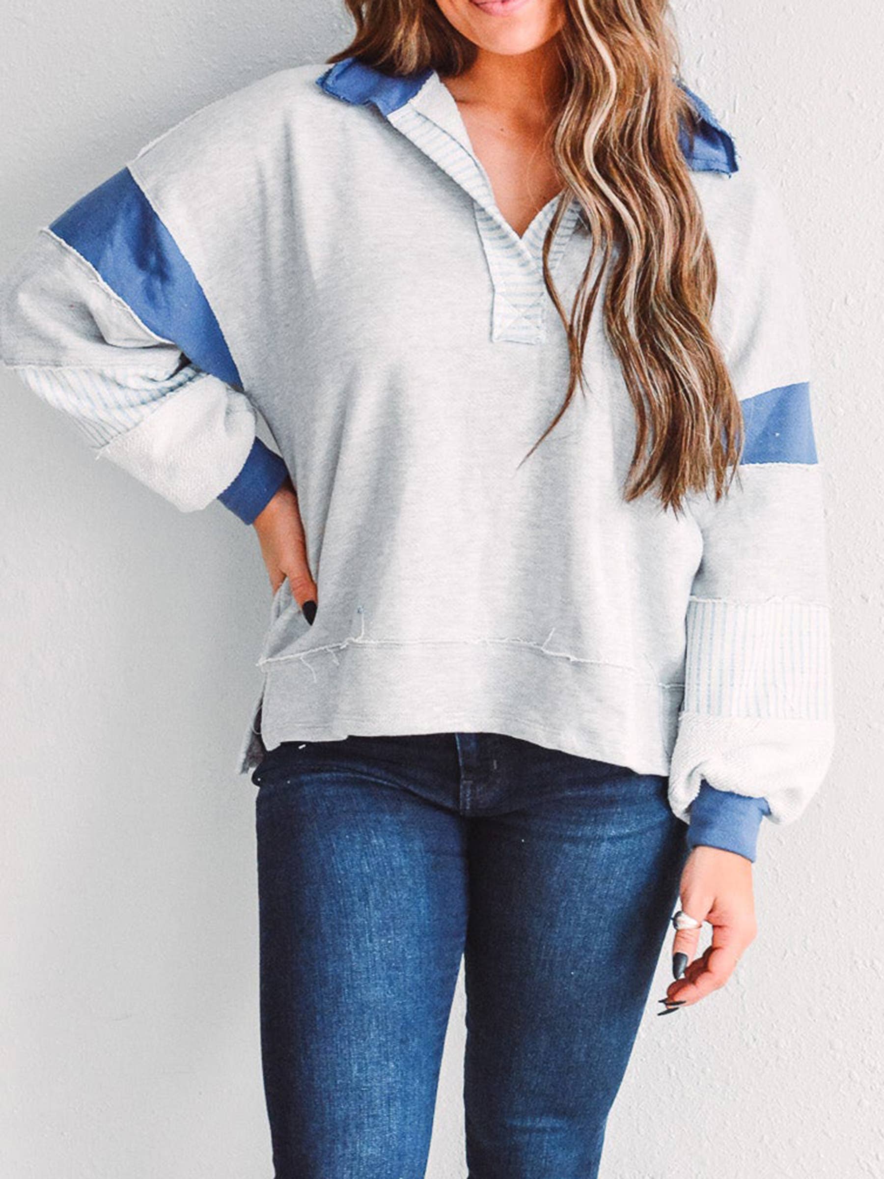 Wholesalesir - Wholesale Sweatshirt - Women's - Polo Collar Striped Contrasting Patchwork Top3