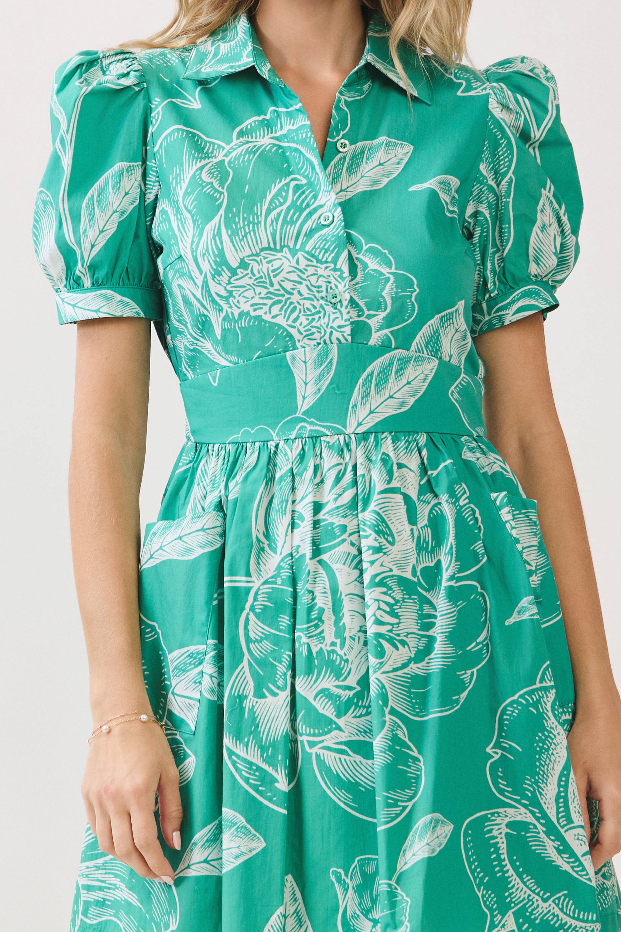 Green CD06033-Floral Print Collared Neckline Side Pockets Dress for wholesale on Faire3