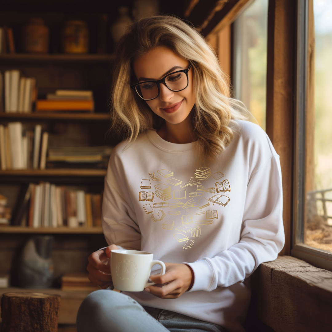 The Obstinate Octopus - Vente Sweat-shirt à imprimés – femme - Sweatshirt « Golden Bronze Ombre Book Heart » pour lecteurs1