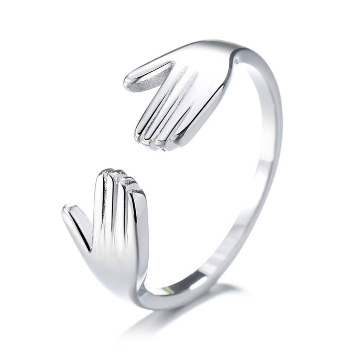 Amy and Annette - Wholesale Band/Stacked Ring - Sterling Silver Hugging Hands Adjustable Ring