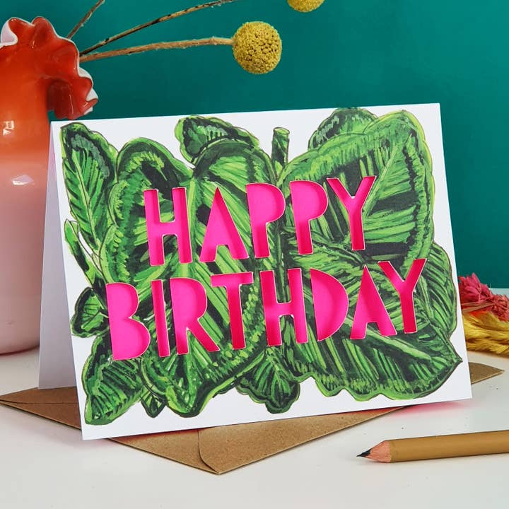 Stripy Houseplant Paper Cut Birthday Card for wholesale by Miss Bespoke Papercuts