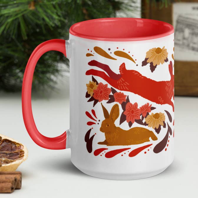 Folk Rabbit Tasse mit farbiger Innenseite für den Großhandel von Julie Annette Studios