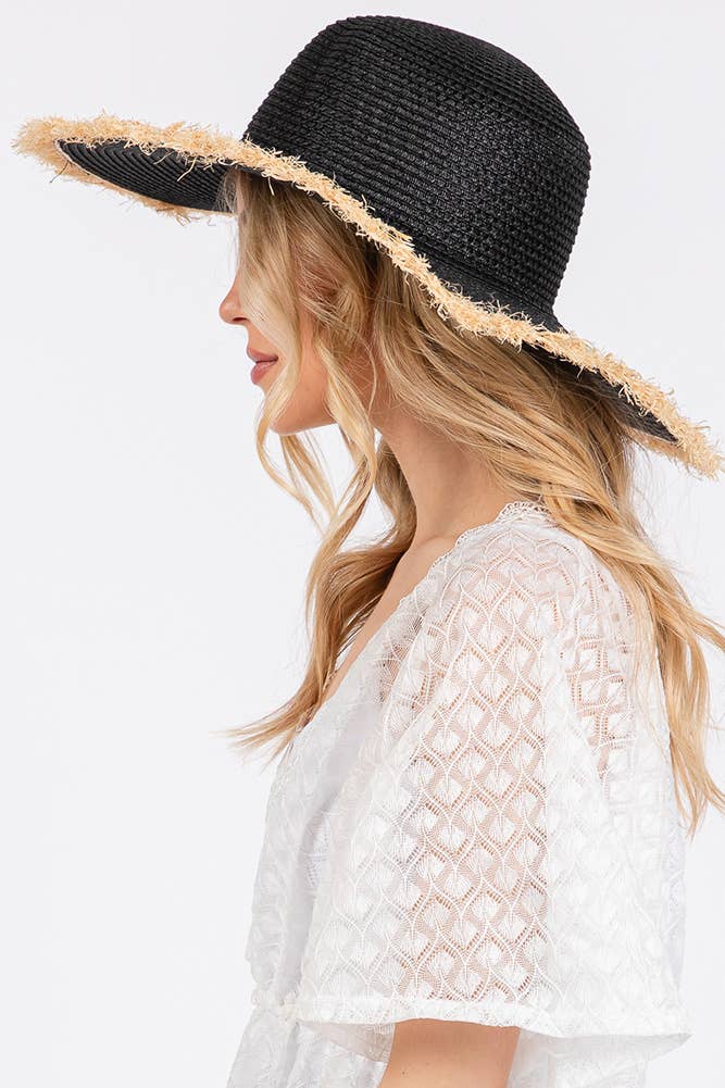 Hana - Vendita all'ingrosso Cappello di paglia - Donna - Cappello Estivo di Paglia a Tesa Larga Bicolore con Bordo Sfilacciato15