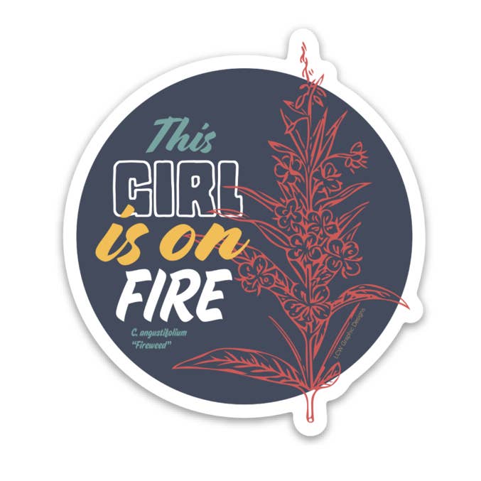 Alaska Fireweed Flower Sticker - Girl on Fire Vinyl Sticker, for wholesale by LCW Graphic Designs