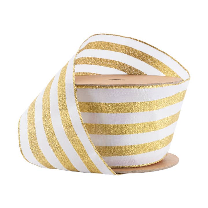 2 1/2" Wired Ribbon | White w Metallic Gold Stripe | 10 Yard Roll
for wholesale by LA Ribbons Wholesale