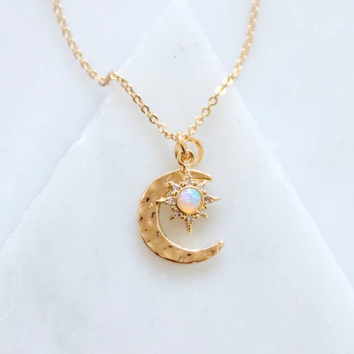 Opal Sun and Hammered Moon Necklace for wholesale by Mesa Blue