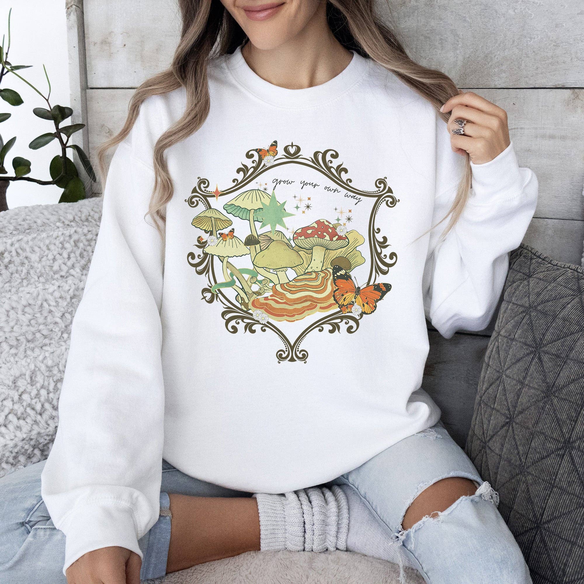 Refinery Number One LLC - Wholesale Graphic Sweatshirt - Women's - Grow Your Own Way, Mushrooms, Moth, Flowers, Nature, Cottage Sweatshirt2