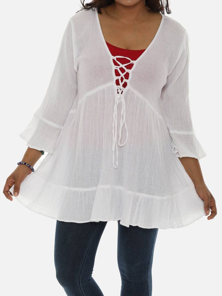 Sort tunika med tre fjerdedele klokkeærme med snørebånd for engroshandel hos Shoreline Wear. INC