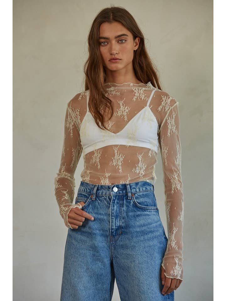 By Together - Wholesale Knit Top - Women's - L6687 | Knit Jacquard Lace Long Sleeve Mock Neck Top