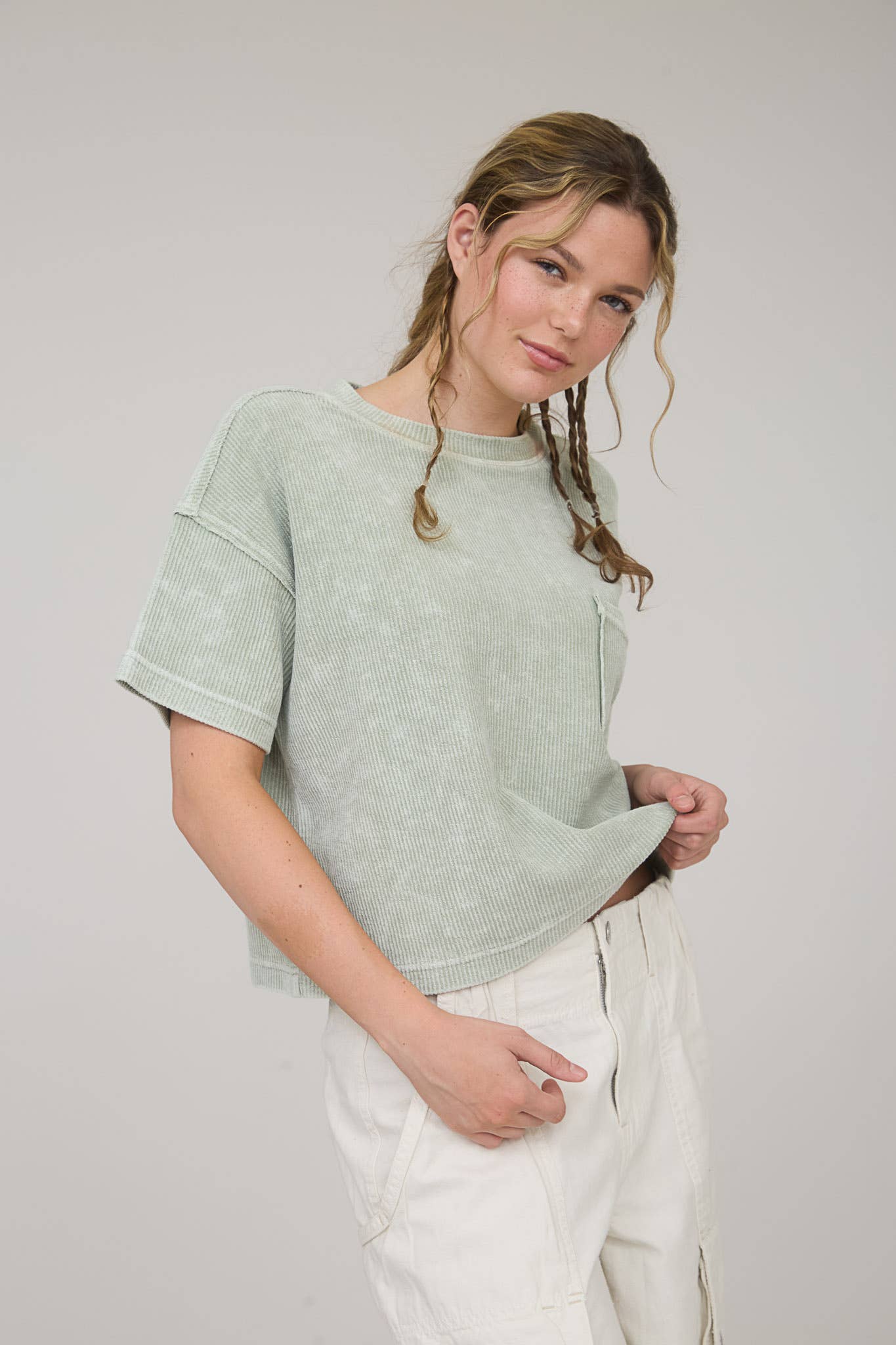 J.O.A - Wholesale Knit Top - Women's - WASHED RIBBED SHORT SLEEVE TEE WITH POCKET8