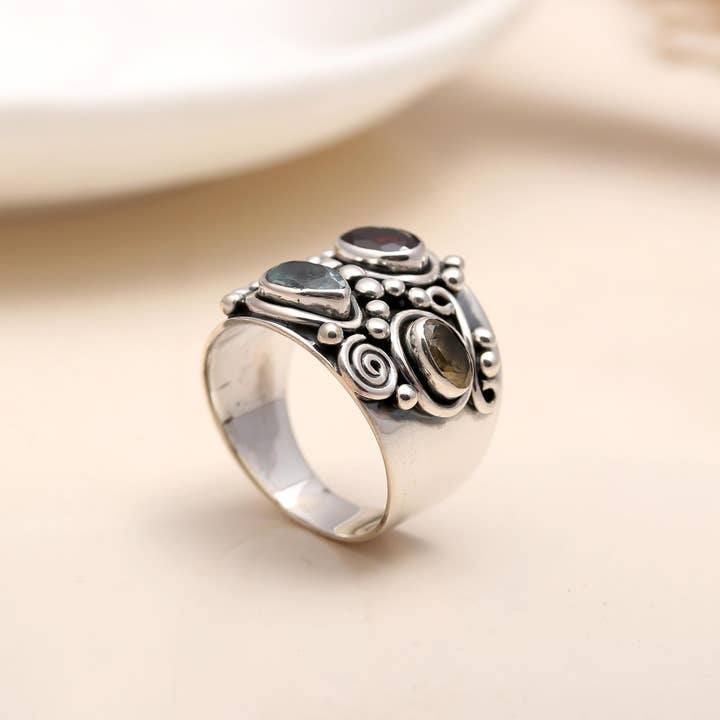 AG 925 JEWELLERY - Wholesale Cocktail/Statement Ring - 925 Silver Multi-Stone Wide Band Ring3