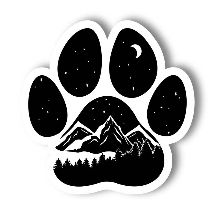Dog Paw Print and Mountains Black and White Vinyl Sticker for wholesale by National Parks and Beyond
