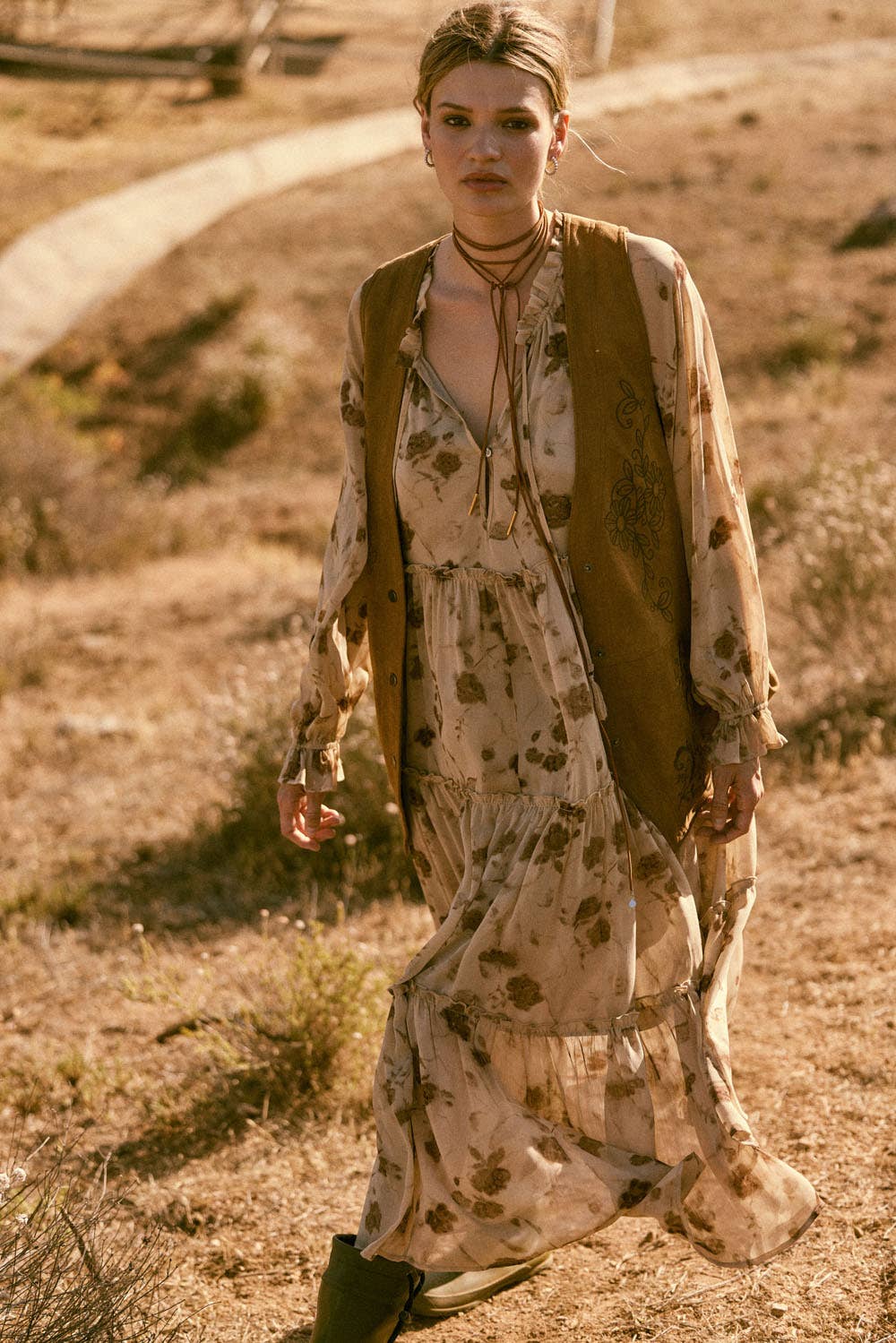 Sand Floral Chiffon Tiered Ruffle Midi Prairie Dress for wholesale on Faire2