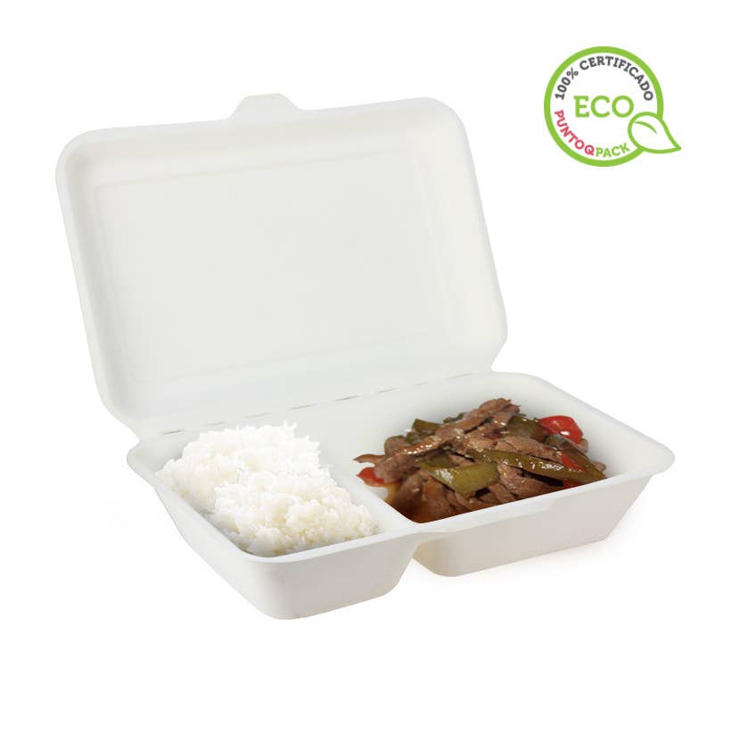 PUNTOQPACK - Vente Boîtes de conservation - Récipients en fibre blanche avec couvercle et 2 divisions (1000cc)0