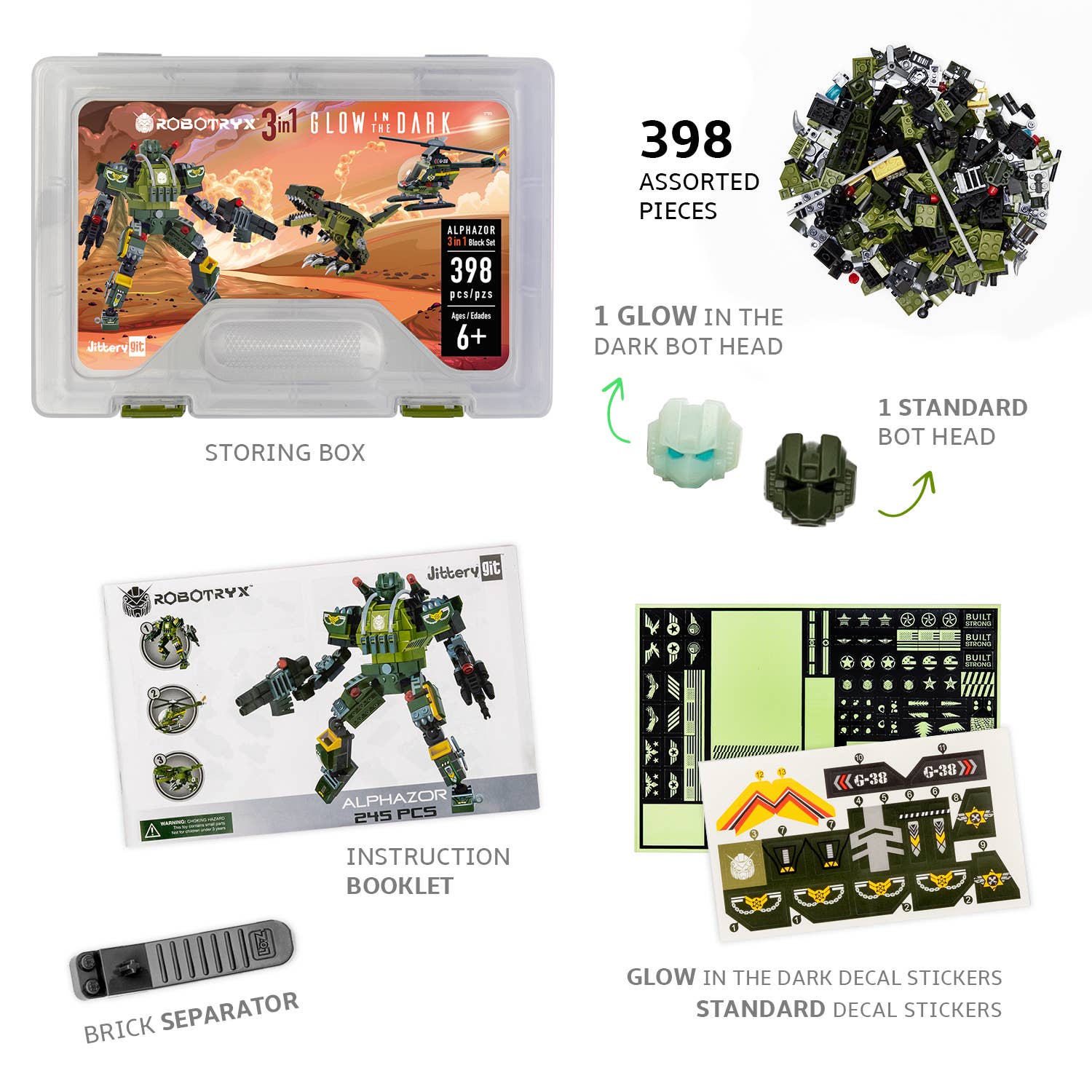 JitteryGit - Wholesale Building Set - Kids - Glow in The Dark Army Robot 3-in-1 Set (398 Pc) AlphaZor7