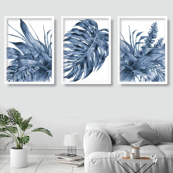 BOTANICAL set of 3 Navy Blue Monstera Art Prints for wholesale by Artze Wall Art