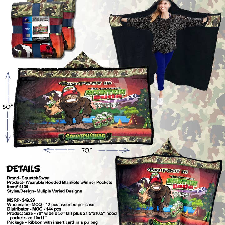 BIGFOOT Fun Designed Sherpa Lined Hooded Wearable Blanket for wholesale by SquatchSwag