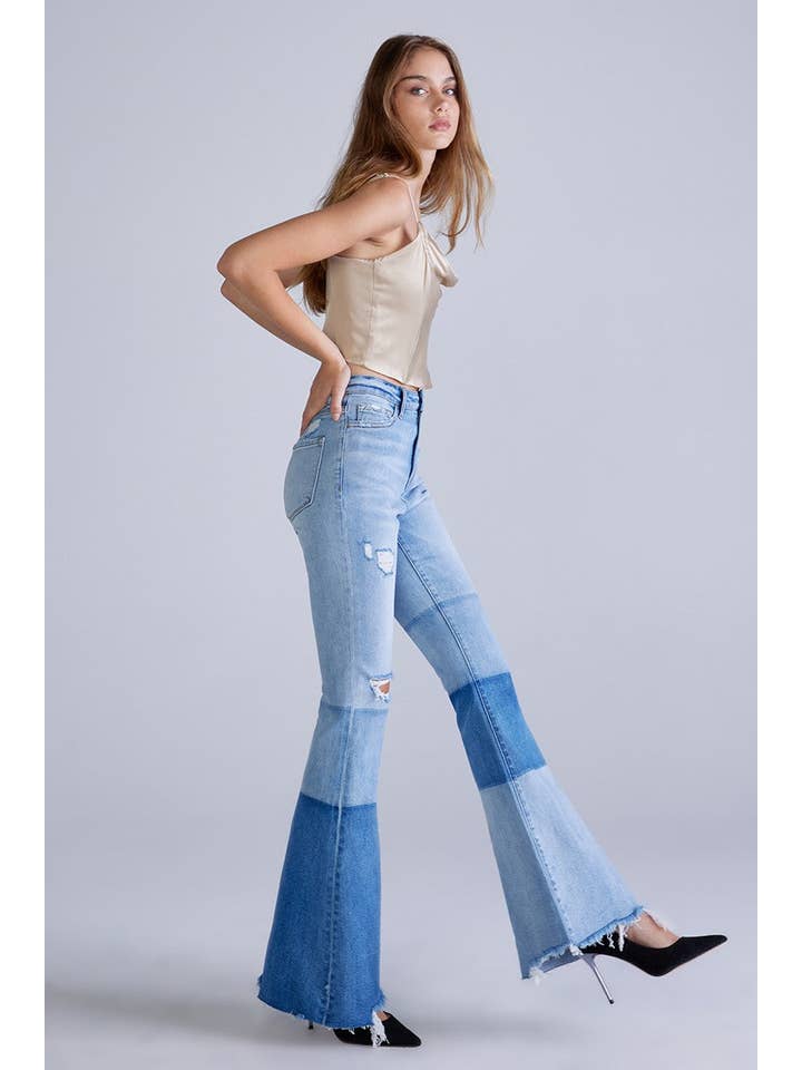 Blå Kvinders lys højhuset farve blok Panel Flare Denim Jean for engroshandel på Faire3