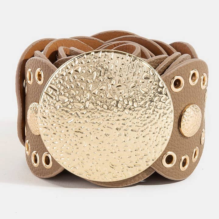 Collections by Fame Accessories - Wholesale Belt - Women's - Hammered Disc Accent Faux Leather Panel Link Belt6