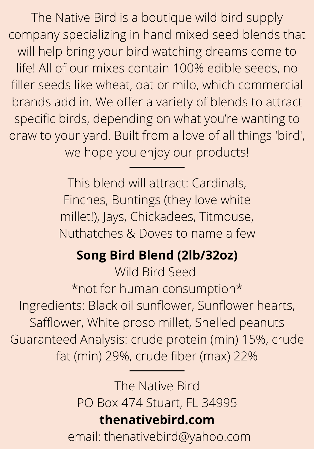 The Native Bird - Wholesale Bird Feeder - Song Bird Blend 2LB - Bird Seed2