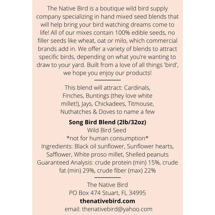 The Native Bird - Wholesale Bird Feeder - Song Bird Blend 2LB - Bird Seed2