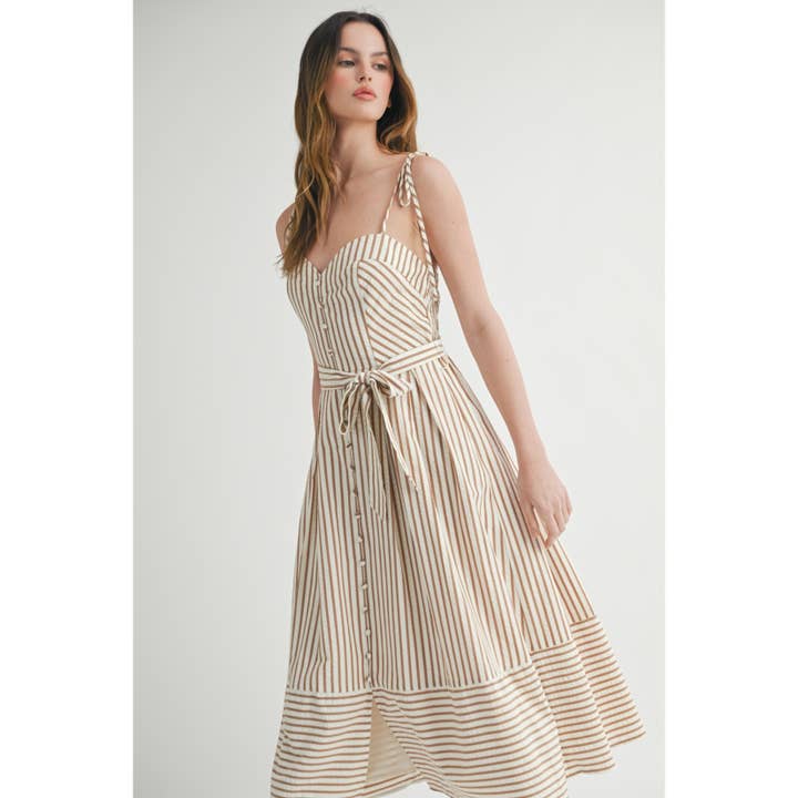 MOCHA WHITE STRIPED SUNDRESS WITH BUTTON-DOWN AND WAIST TIE for wholesale on Faire