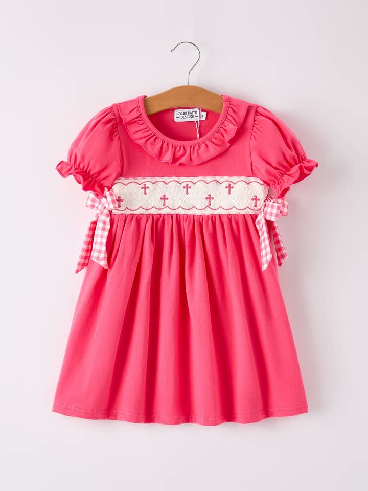 Hot Pink Smocked Church Christ Bishop Christening Dress for wholesale by Rylee Faith Designs