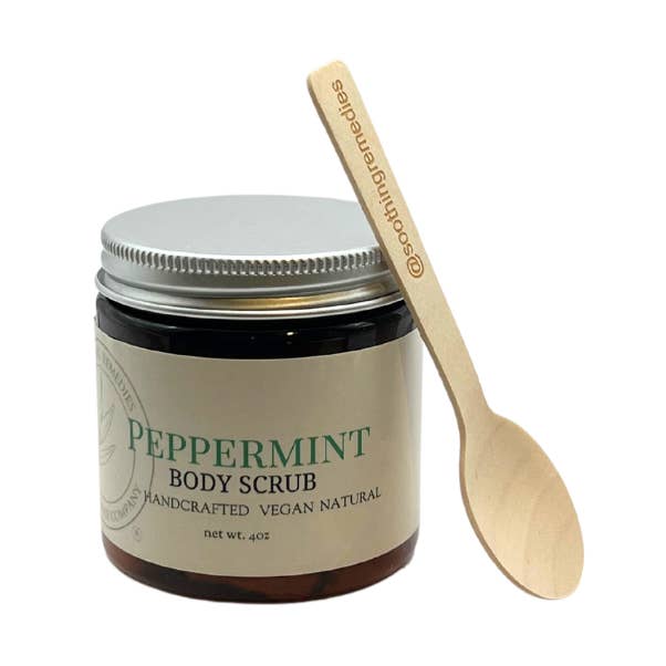 Peppermint Pumice Body Scrub with Box and Spoon for wholesale by Soothing Remedies Soap and Candle Company