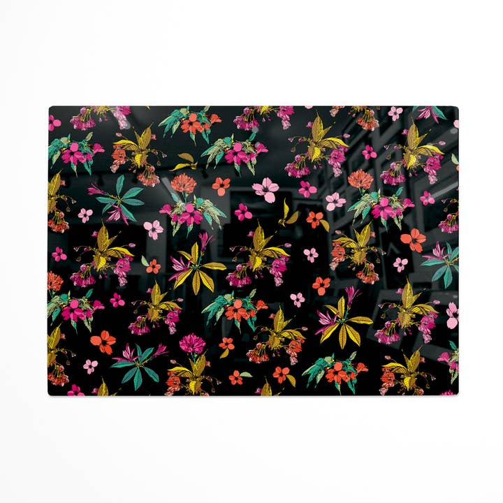 Cherry Blossom Black Floral Glass Worktop Saver for wholesale by Bean and Bemble