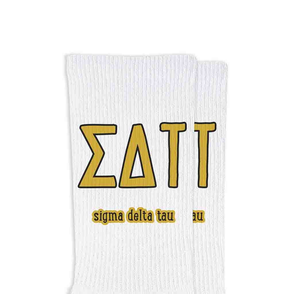 White Sorority Crew Socks with Name and Letters in Sorority Colors for wholesale on Faire20