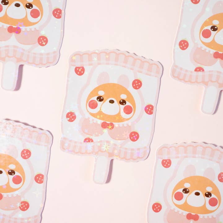 Red Panda Bunny Lollipop Holo Vinyl Sticker for wholesale by Notmehmehstudio