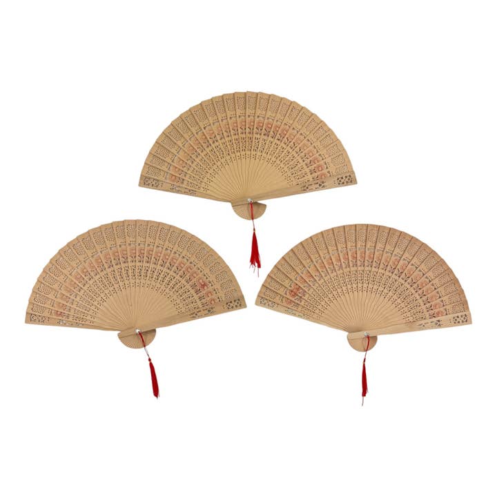 ONE COLOR Dynasty Hollow Laser Cut Wooden Hand Held Folding Fan FN3813 (12PC) for wholesale on Faire1