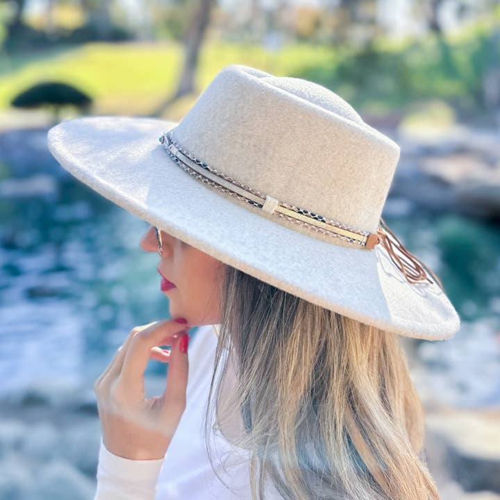 Oatmeal Fedora with Multi-Accent Faux Leather Trim for wholesale on Faire1