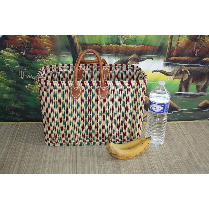Boutique Huléti - Wholesale Grocery/Shopping Bag - Handmade woven rush shopping basket - Tote markets wicker rattan bag - Moroccan Berber - Green & Purple - 3 Sizes
