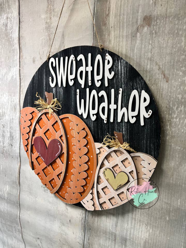 16” Fall sweater weather Round Doorhanger for wholesale by Rustic Home Co LLC