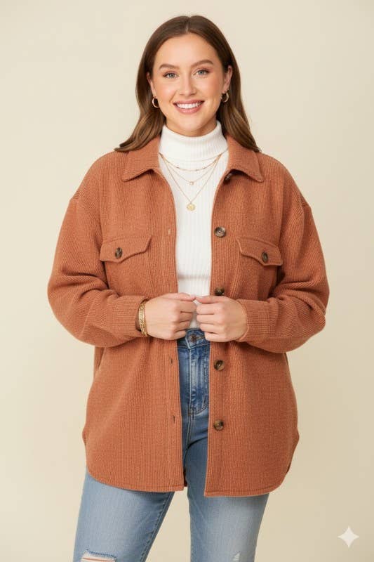 Vanilla Monkey - Vendita all'ingrosso Giacca a camicia - Donna - Giacca a nido d'ape spazzolata con bottoni a manica lunga Plus Size16