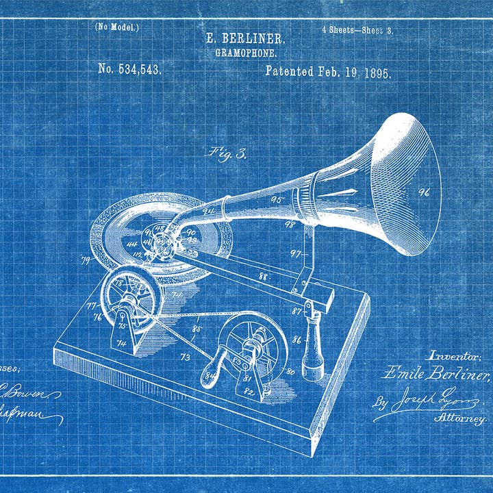 Fresh Prints of CT - Wholesale Art Print - Gramophone 1895 Patent Art Print - Music
