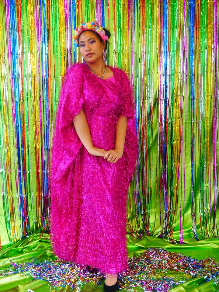Sparkles Tinsel Hair Maxi Kaftan Party Dress Pink for wholesale by Fumbalinas