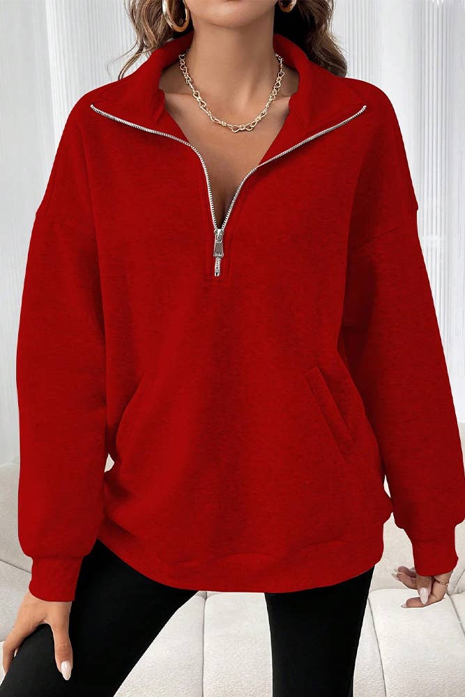 Comely Fashion - Wholesale Sweatshirt - Women's - Plain Half Zipper Front Kangaroo Pocket Sweatshirt6
