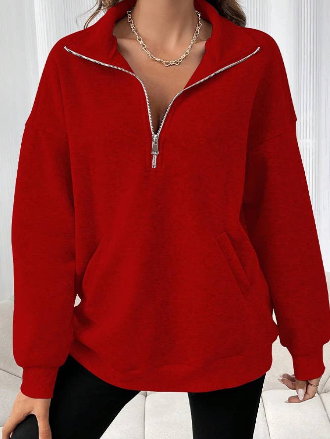 Comely Fashion – wholesale Sweatshirt - Dam – Vanlig tröja med känguruficka med halv dragkedja6