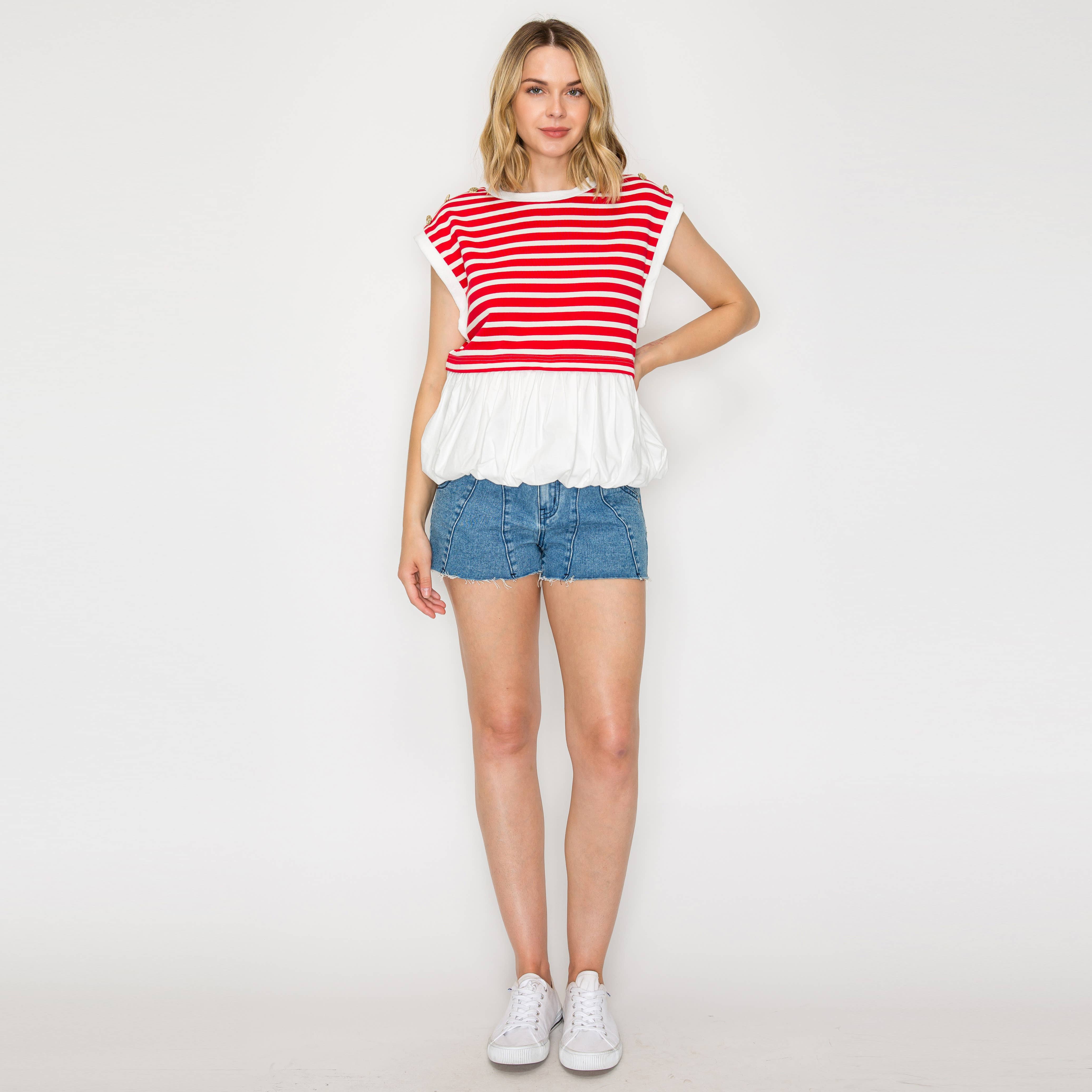 LoveWednesday - Vente Chemisier – femme - Haut à volants à bulles avec rayures rouges - LWT20680