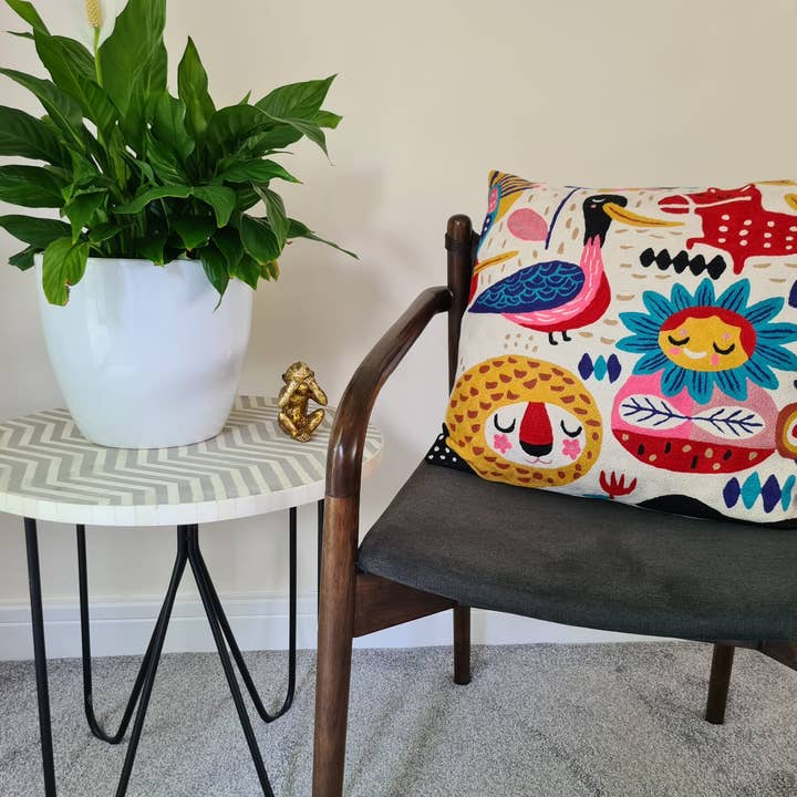 Hand embroidered cushion cover for children - cute animals for wholesale by salty cactus