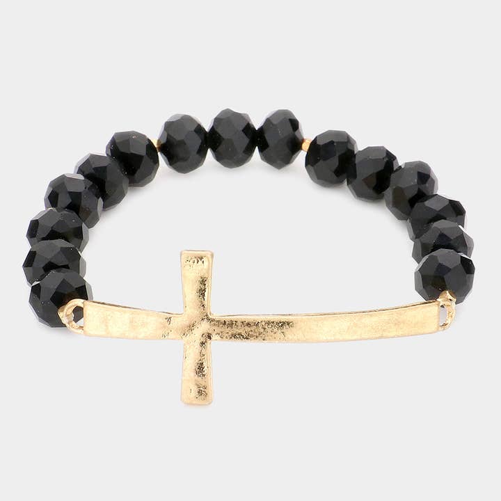 Hammered Metal Cross Accented Faceted Beads Stretch Bracelet for wholesale by Sensibling Corp.
