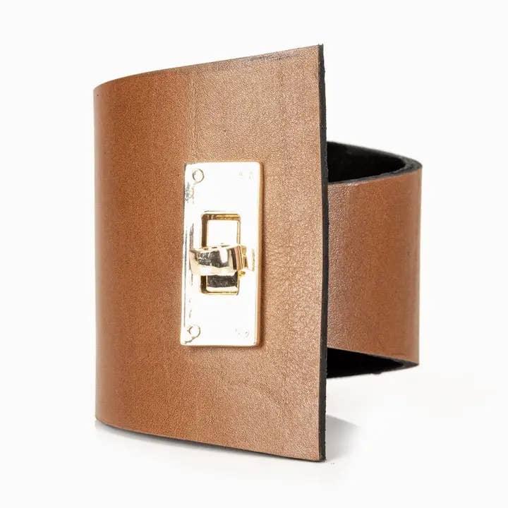 Lock Plate Leather Statement Cuff Bronze Brown for wholesale by The Dark