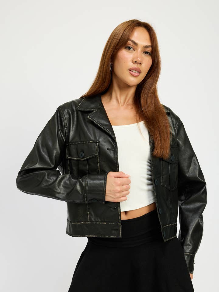 WASHED BUTTON UP LONG SLEEVE LEATHER JACKET for wholesale by Emory Park