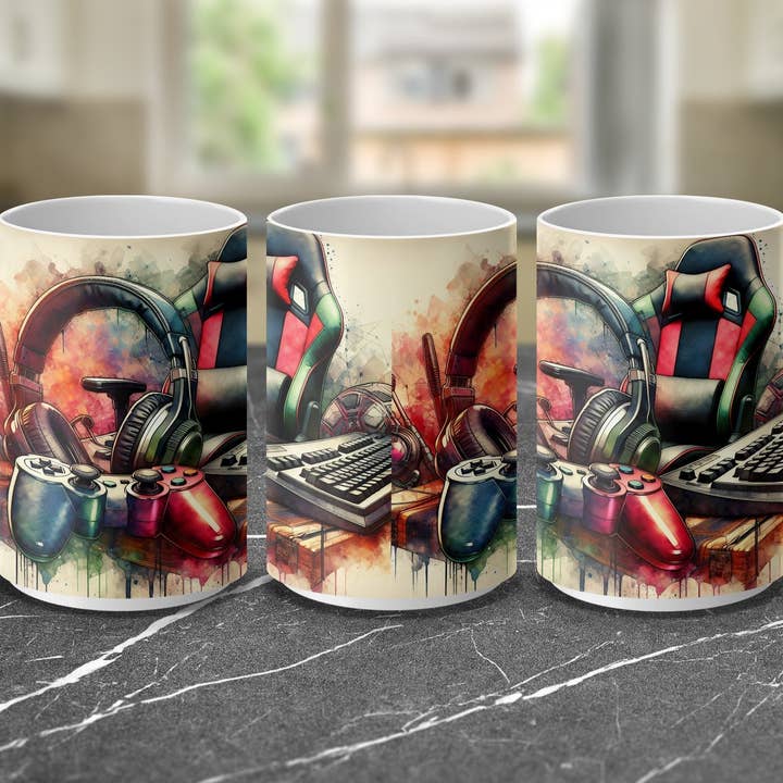 Blanco Taza de café Gaming Gear Explosion de 15 onzas, diseño colorido de auriculares, mando y teclado para juegos de venta al por mayor en Faire