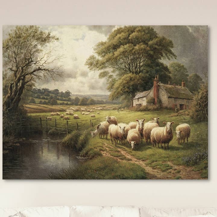 Olive Branch Farmhouse - Wholesale Canvas Art - Sheep Grazing By The River Country Landscape Canvas Art1