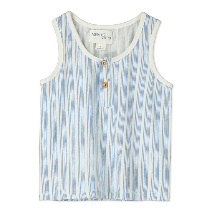 Button placket vest in blue stripe for wholesale by Poppet & Fox