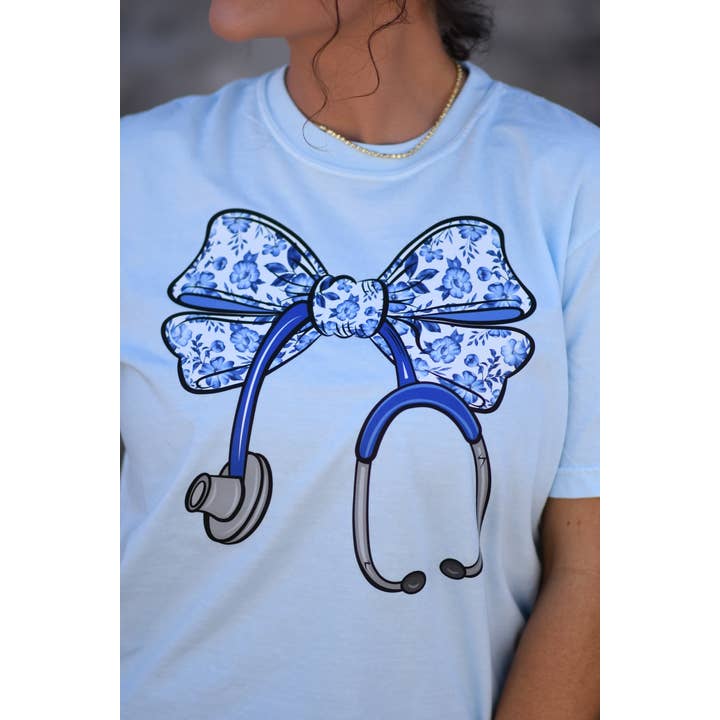Chambray Floral Stethoscope Tee for wholesale on Faire