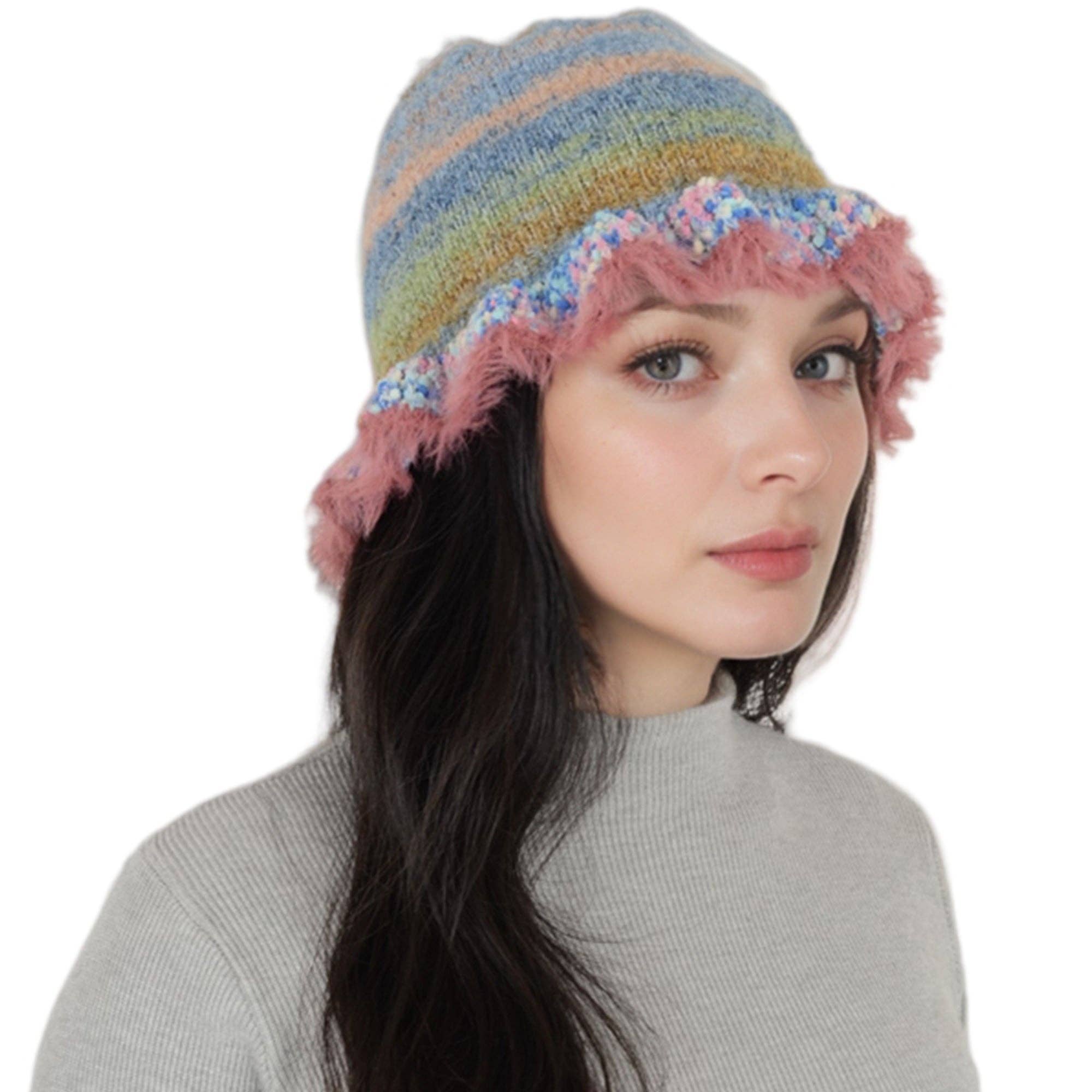 AK Brand – wholesale Bucket hat – Women's – Colorful Striped Knit Bucket Hat Fluffy Winter Fisherman Hat18
